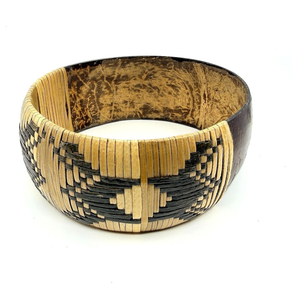 Vintage Woven Straw Coconut Shell Bangle Bracelet Chunky Statement Geometric Y2K